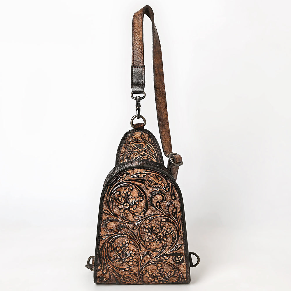 ADBG1542 American Darling Western Leather Sling Bag with Hand-Tooled Floral Design - Genuine Vegetable-Tanned Leather
