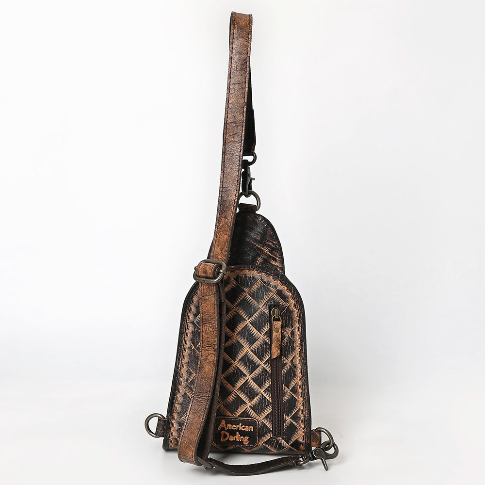 ADBG1542 American Darling Western Leather Sling Bag with Hand-Tooled Floral Design - Genuine Vegetable-Tanned Leather