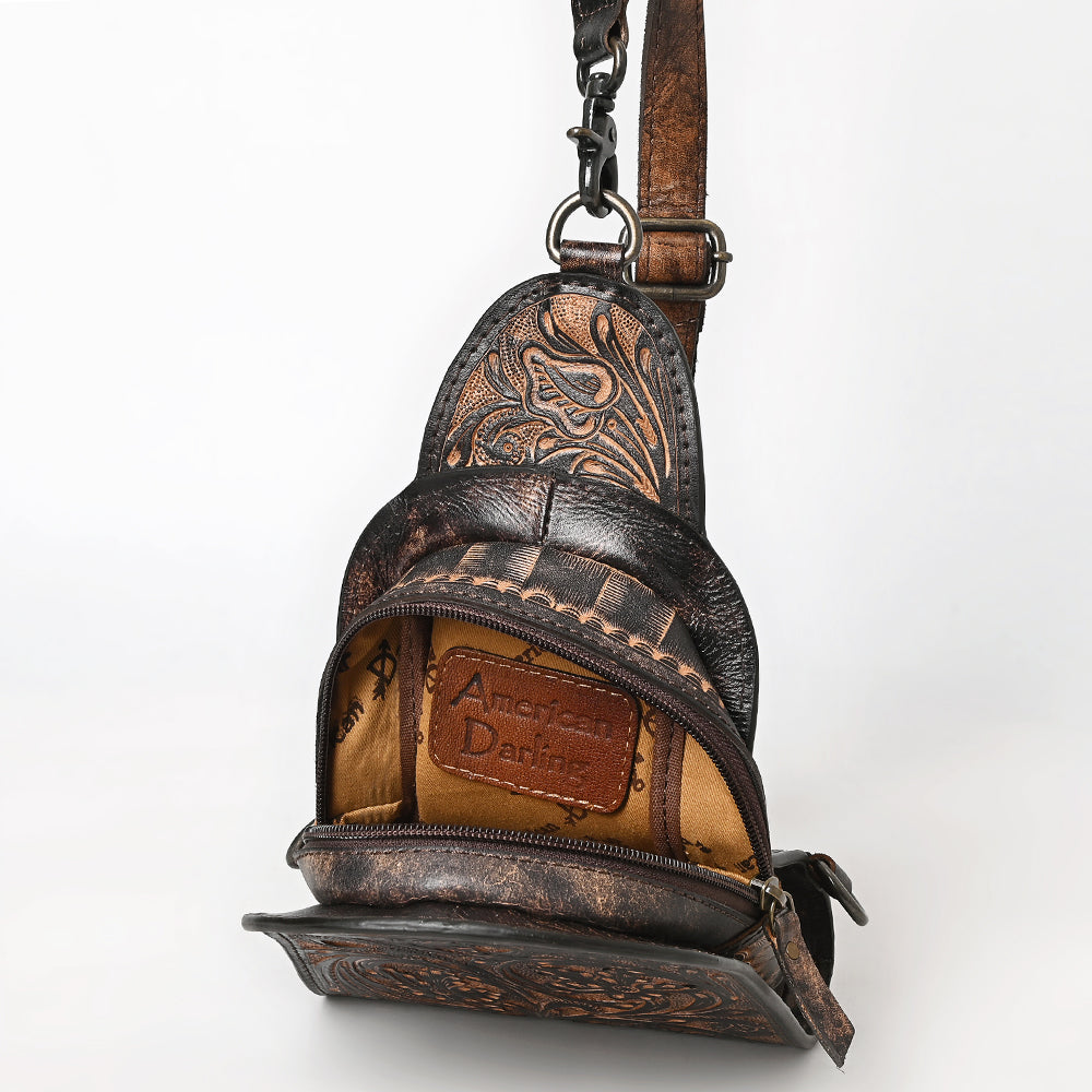 ADBG1542 American Darling Western Leather Sling Bag with Hand-Tooled Floral Design - Genuine Vegetable-Tanned Leather