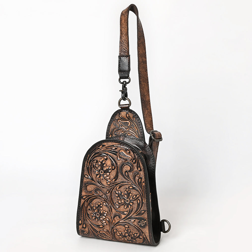 ADBG1542 American Darling Western Leather Sling Bag with Hand-Tooled Floral Design - Genuine Vegetable-Tanned Leather