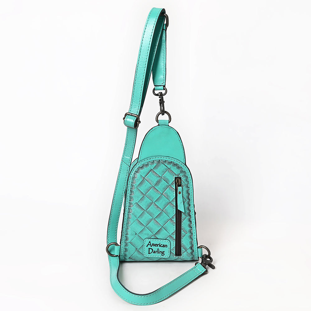 ADBG1542 American Darling Western Leather Sling Bag with Hand-Tooled Floral Design - Genuine Vegetable-Tanned Leather