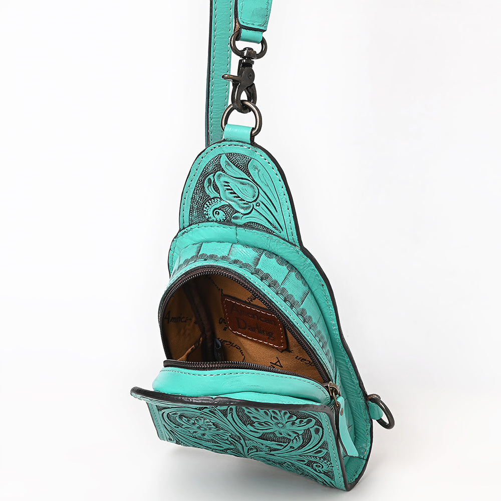 ADBG1542 American Darling Western Leather Sling Bag with Hand-Tooled Floral Design - Genuine Vegetable-Tanned Leather