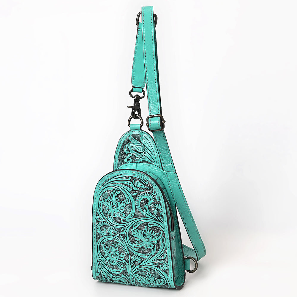 ADBG1542 American Darling Western Leather Sling Bag with Hand-Tooled Floral Design - Genuine Vegetable-Tanned Leather