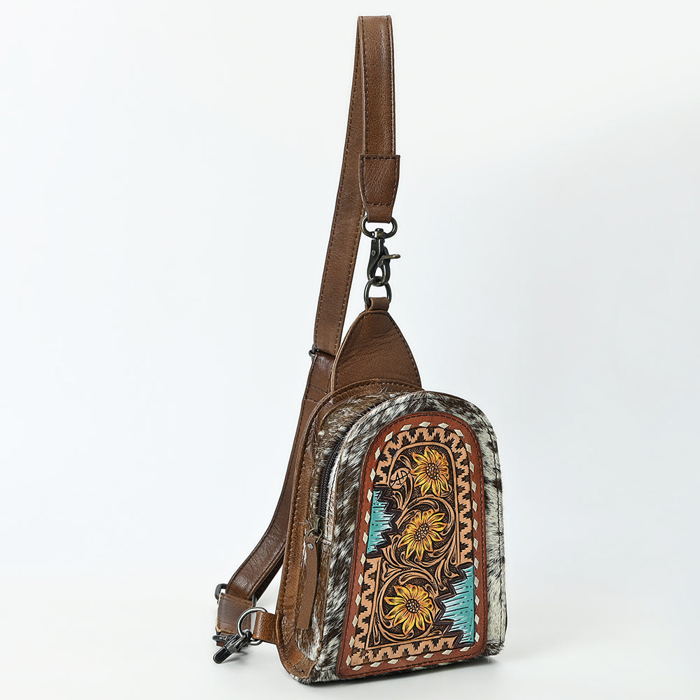 ADBG1543 American Darling Handcrafted Western Leather Sling Bag with Hair-On Cowhide & Hand-Tooled Details