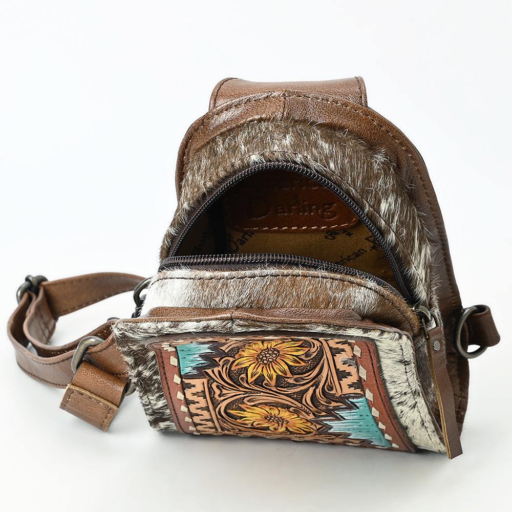 ADBG1543 American Darling Handcrafted Western Leather Sling Bag with Hair-On Cowhide & Hand-Tooled Details
