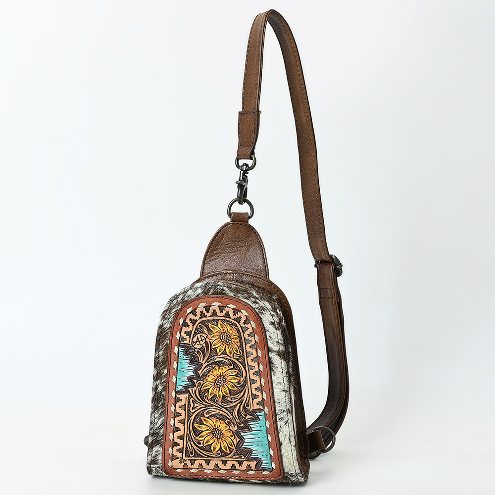 ADBG1543 American Darling Handcrafted Western Leather Sling Bag with Hair-On Cowhide & Hand-Tooled Details