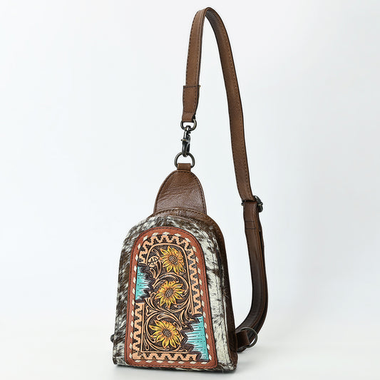 ADBG1543 American Darling Handcrafted Western Leather Sling Bag with Hair-On Cowhide & Hand-Tooled Details