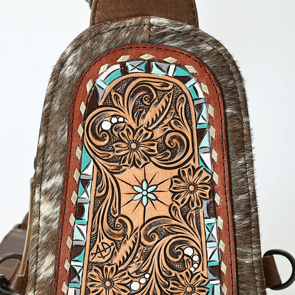 ADBG1543 American Darling Handcrafted Western Leather Sling Bag with Hair-On Cowhide & Hand-Tooled Details