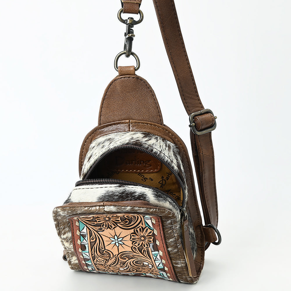 ADBG1543 American Darling Handcrafted Western Leather Sling Bag with Hair-On Cowhide & Hand-Tooled Details