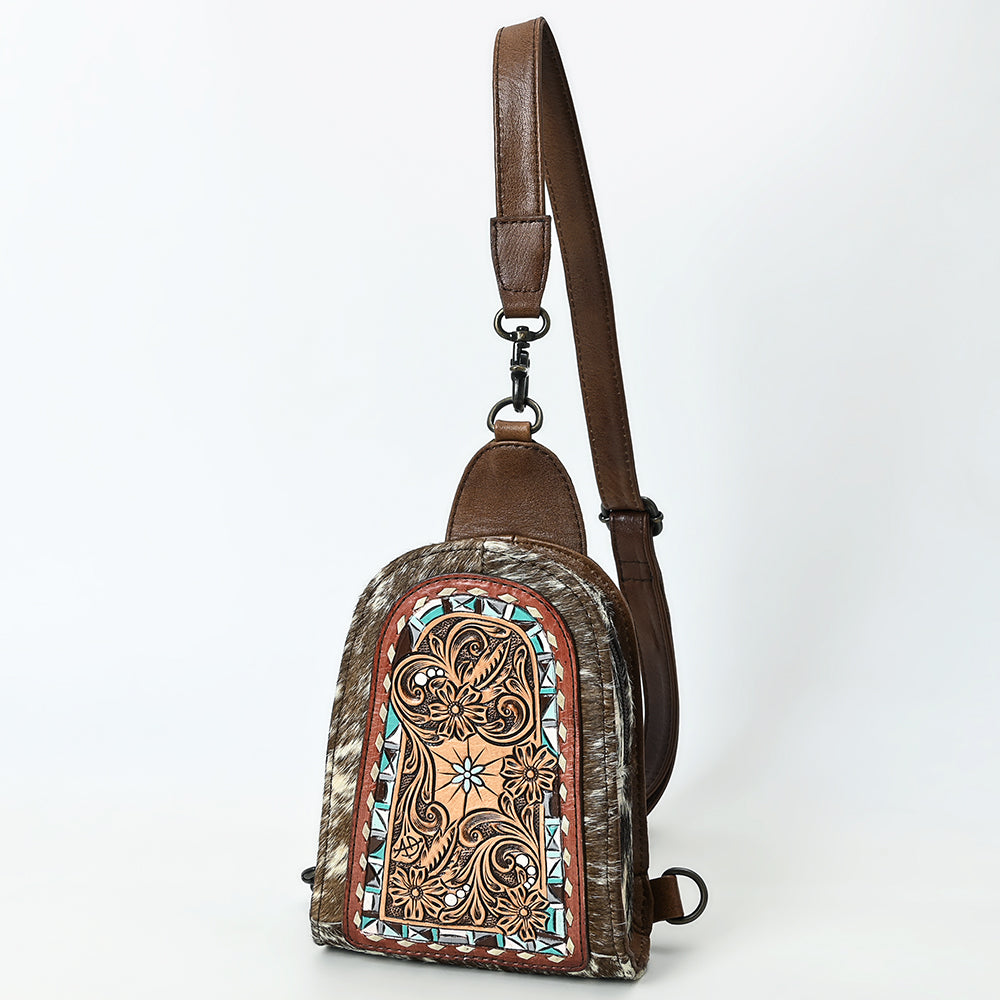 ADBG1543 American Darling Handcrafted Western Leather Sling Bag with Hair-On Cowhide & Hand-Tooled Details