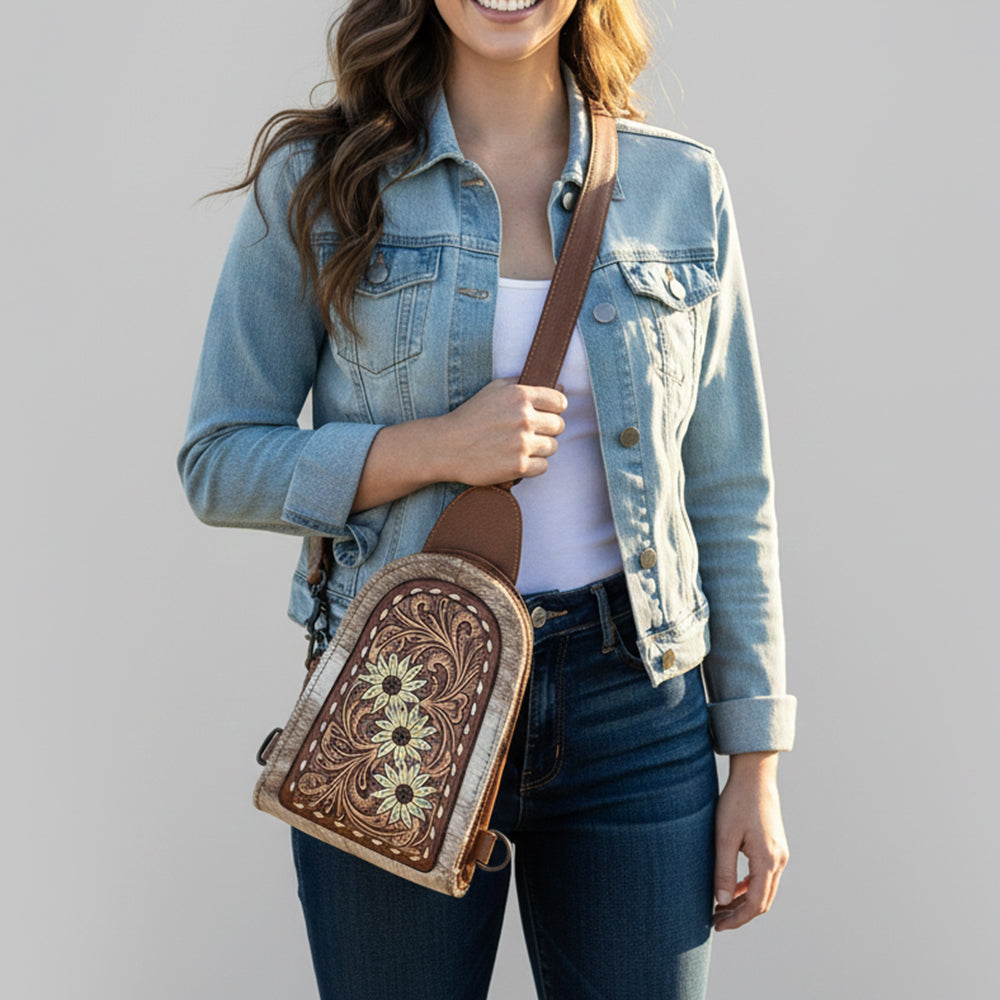 ADBG1543 American Darling Handcrafted Western Leather Sling Bag with Hair-On Cowhide & Hand-Tooled Details