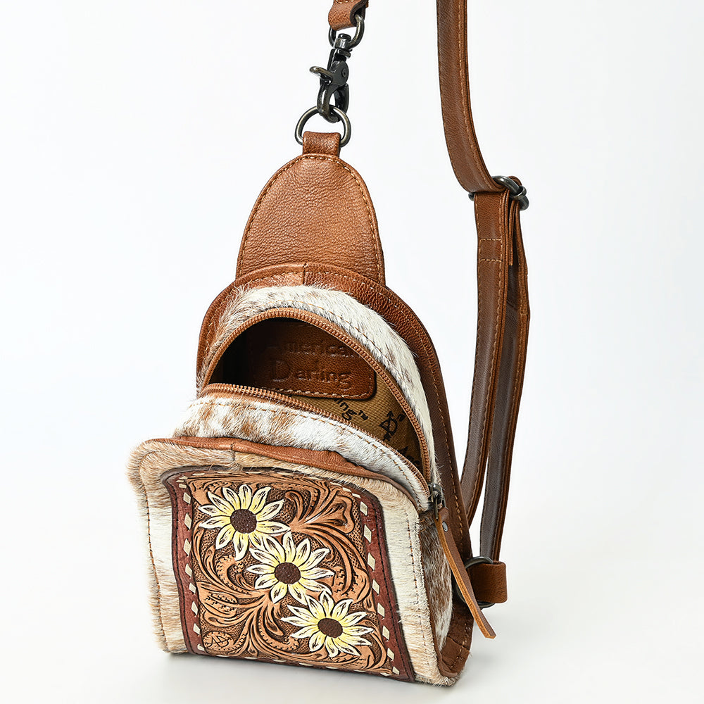 ADBG1543 American Darling Handcrafted Western Leather Sling Bag with Hair-On Cowhide & Hand-Tooled Details