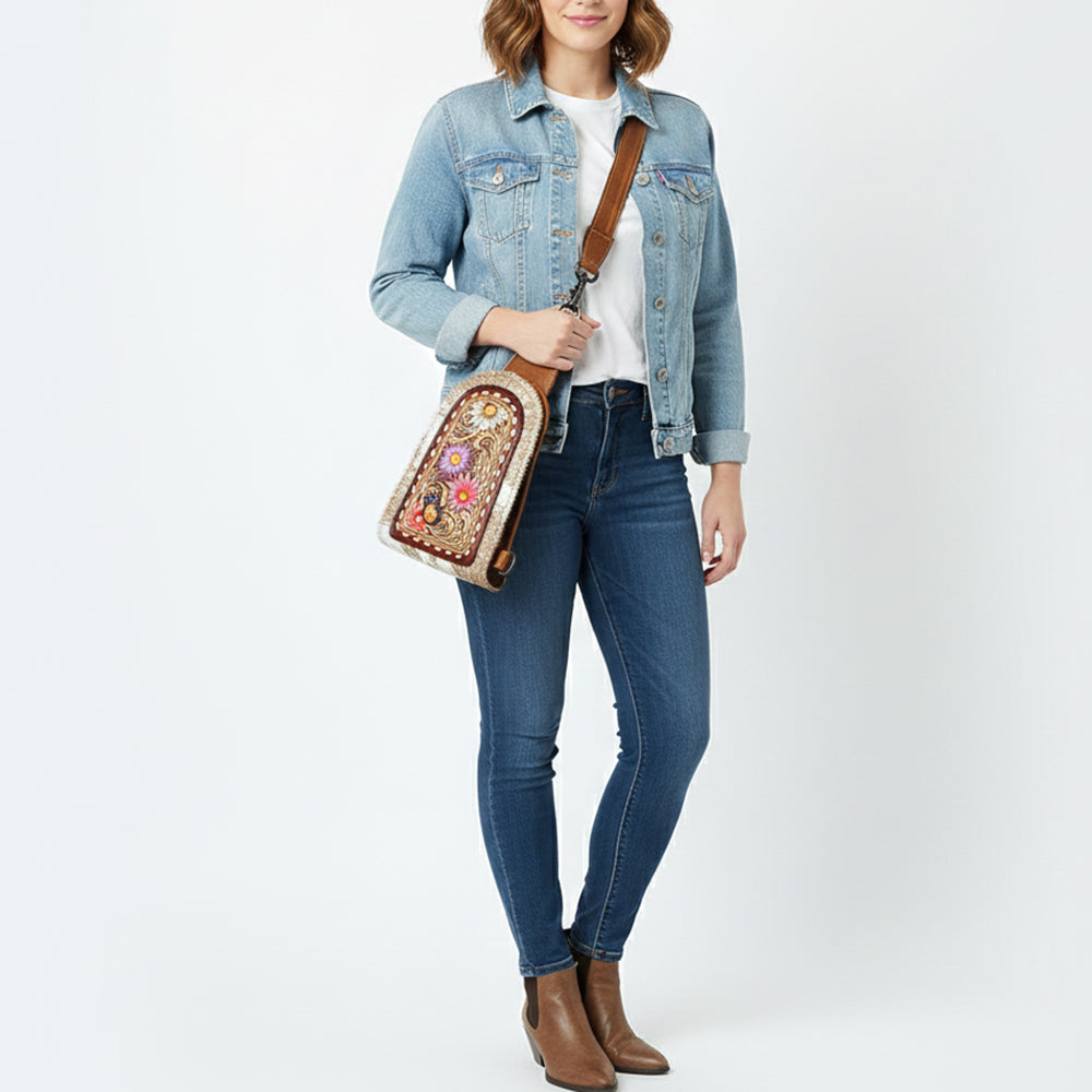 ADBG1543 American Darling Handcrafted Western Leather Sling Bag with Hair-On Cowhide & Hand-Tooled Details