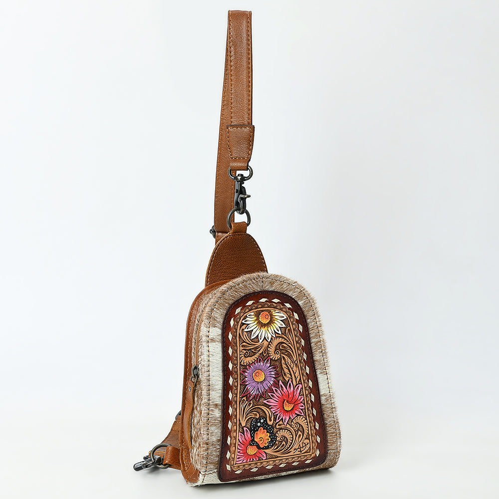 ADBG1543 American Darling Handcrafted Western Leather Sling Bag with Hair-On Cowhide & Hand-Tooled Details