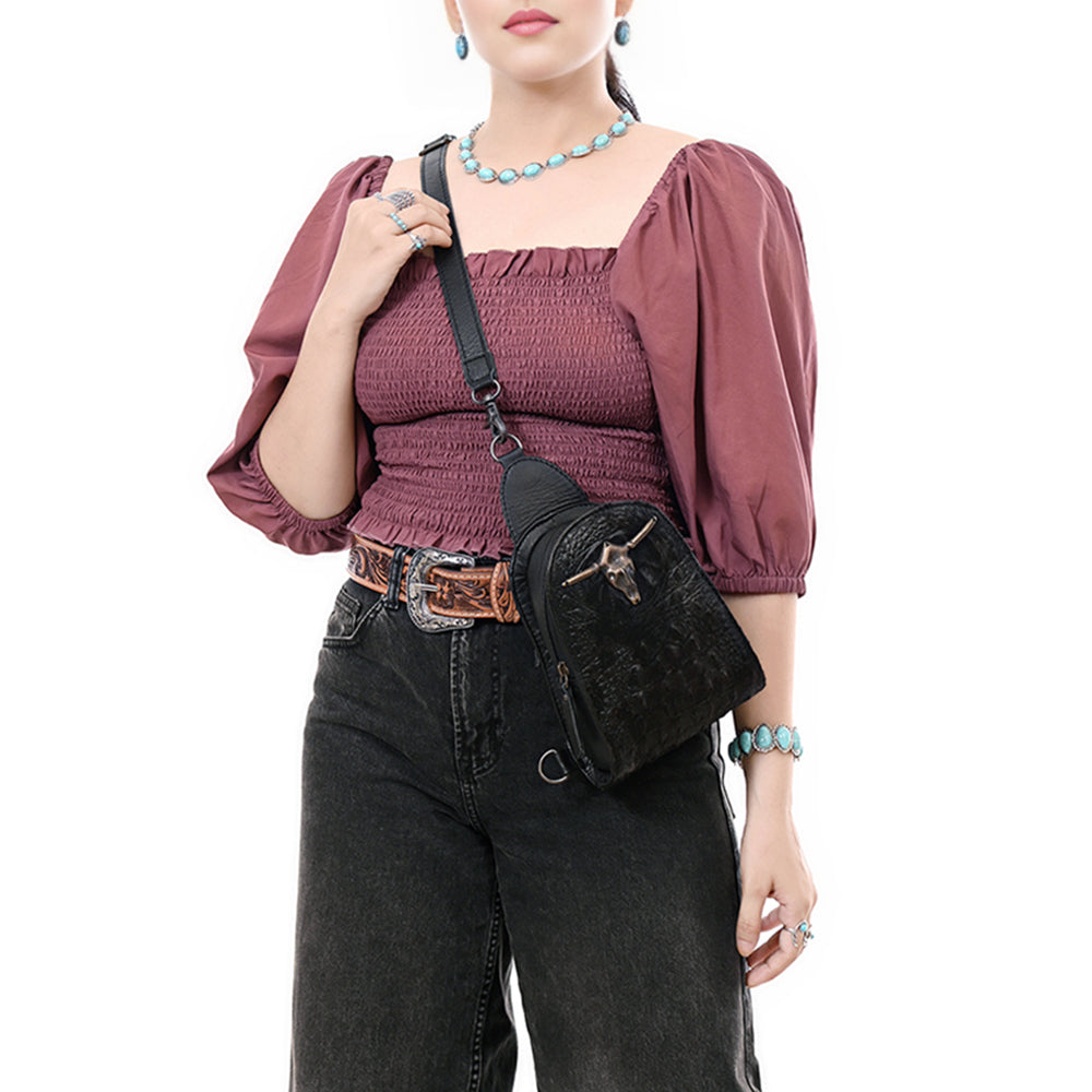 ADBG1544A Black Embossed Leather Sling Bag with Brass Longhorn Skull - Western Crossbody Backpack