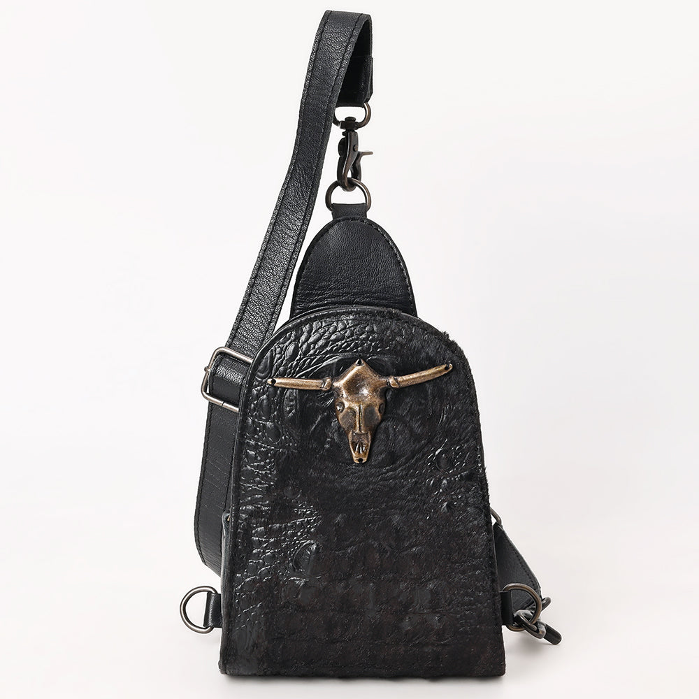 ADBG1544A Black Embossed Leather Sling Bag with Brass Longhorn Skull - Western Crossbody Backpack