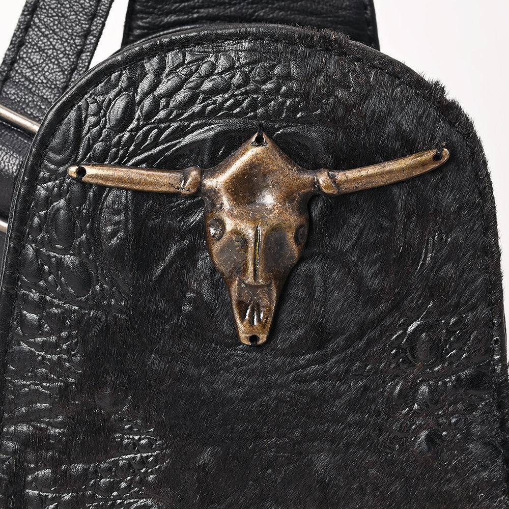 ADBG1544A Black Embossed Leather Sling Bag with Brass Longhorn Skull - Western Crossbody Backpack