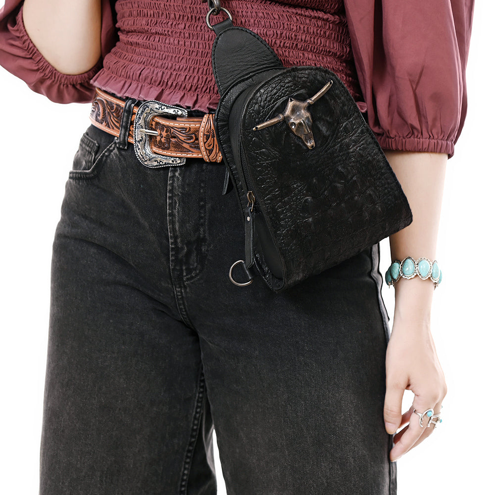 ADBG1544A Black Embossed Leather Sling Bag with Brass Longhorn Skull - Western Crossbody Backpack