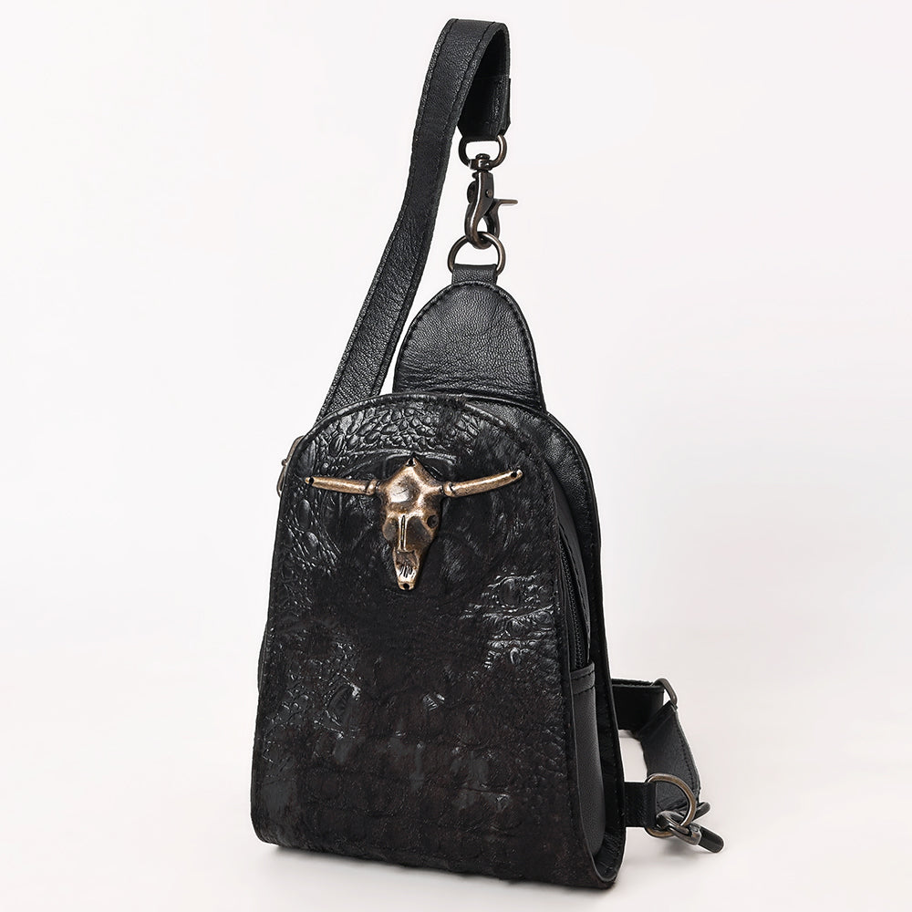 ADBG1544A Black Embossed Leather Sling Bag with Brass Longhorn Skull - Western Crossbody Backpack