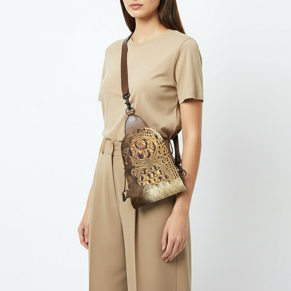 ADBG1544 American Darling Western Leather Sling Bag Hair-On Cowhide Crocodile Embossed Detailing