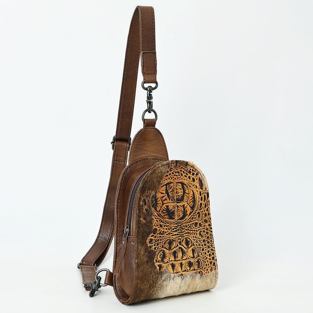 ADBG1544 American Darling Western Leather Sling Bag Hair-On Cowhide Crocodile Embossed Detailing