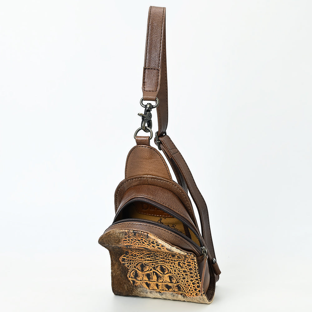 ADBG1544 American Darling Western Leather Sling Bag Hair-On Cowhide Crocodile Embossed Detailing
