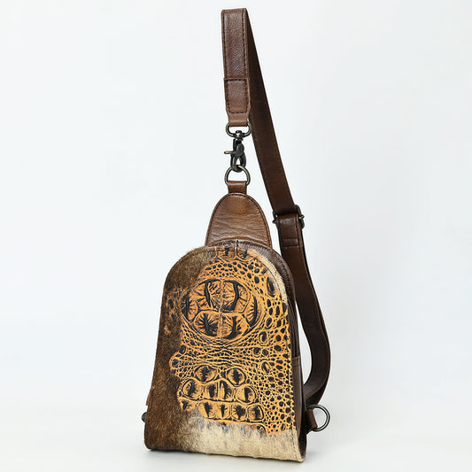 ADBG1544 American Darling Western Leather Sling Bag Hair-On Cowhide Crocodile Embossed Detailing
