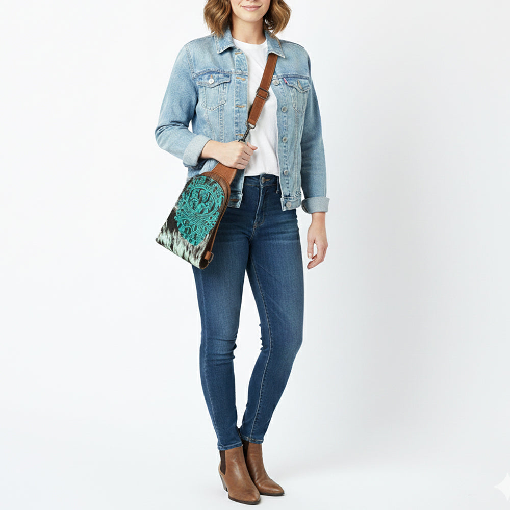 ADBG1544 American Darling Western Leather Sling Bag Hair-On Cowhide Crocodile Embossed Detailing