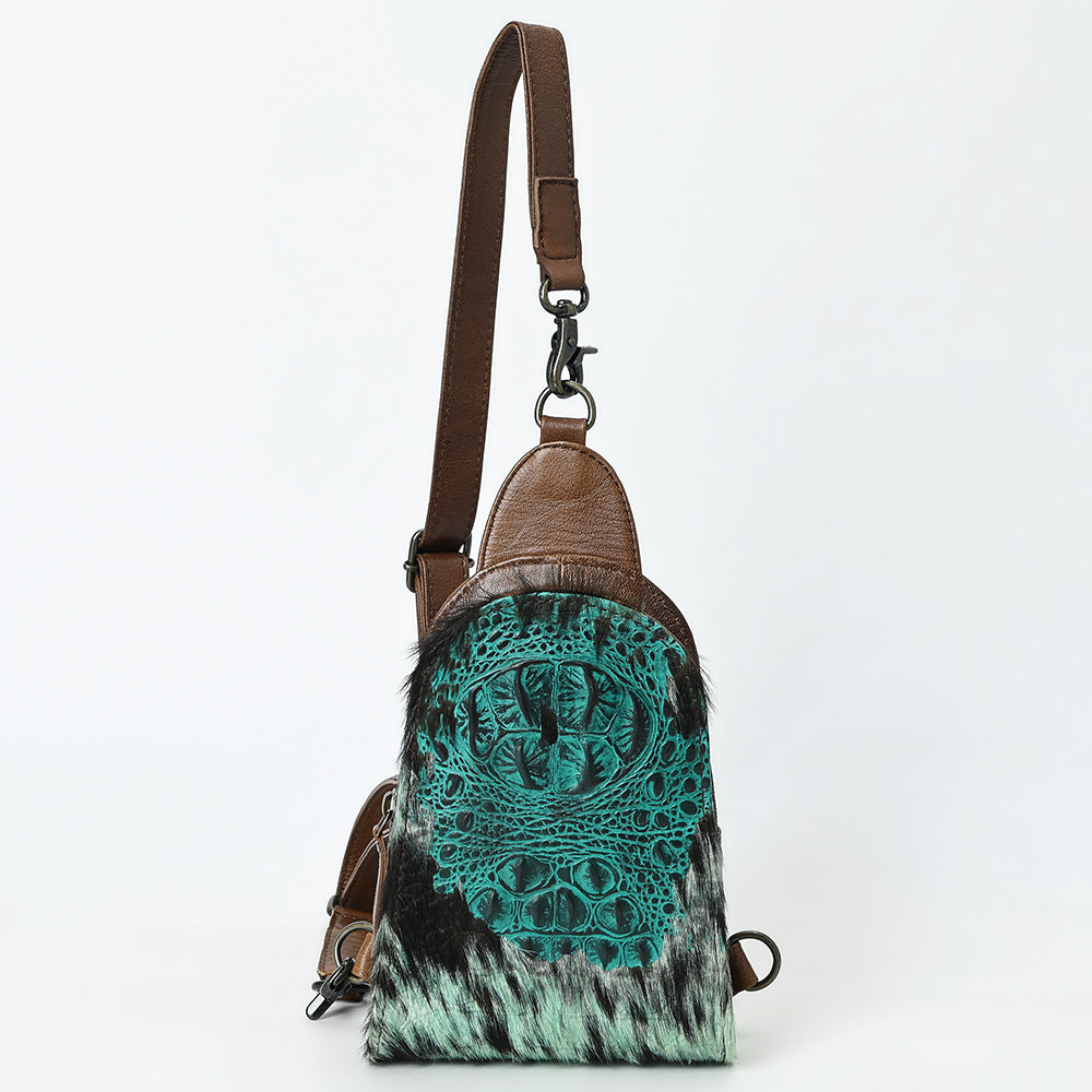 ADBG1544 American Darling Western Leather Sling Bag Hair-On Cowhide Crocodile Embossed Detailing