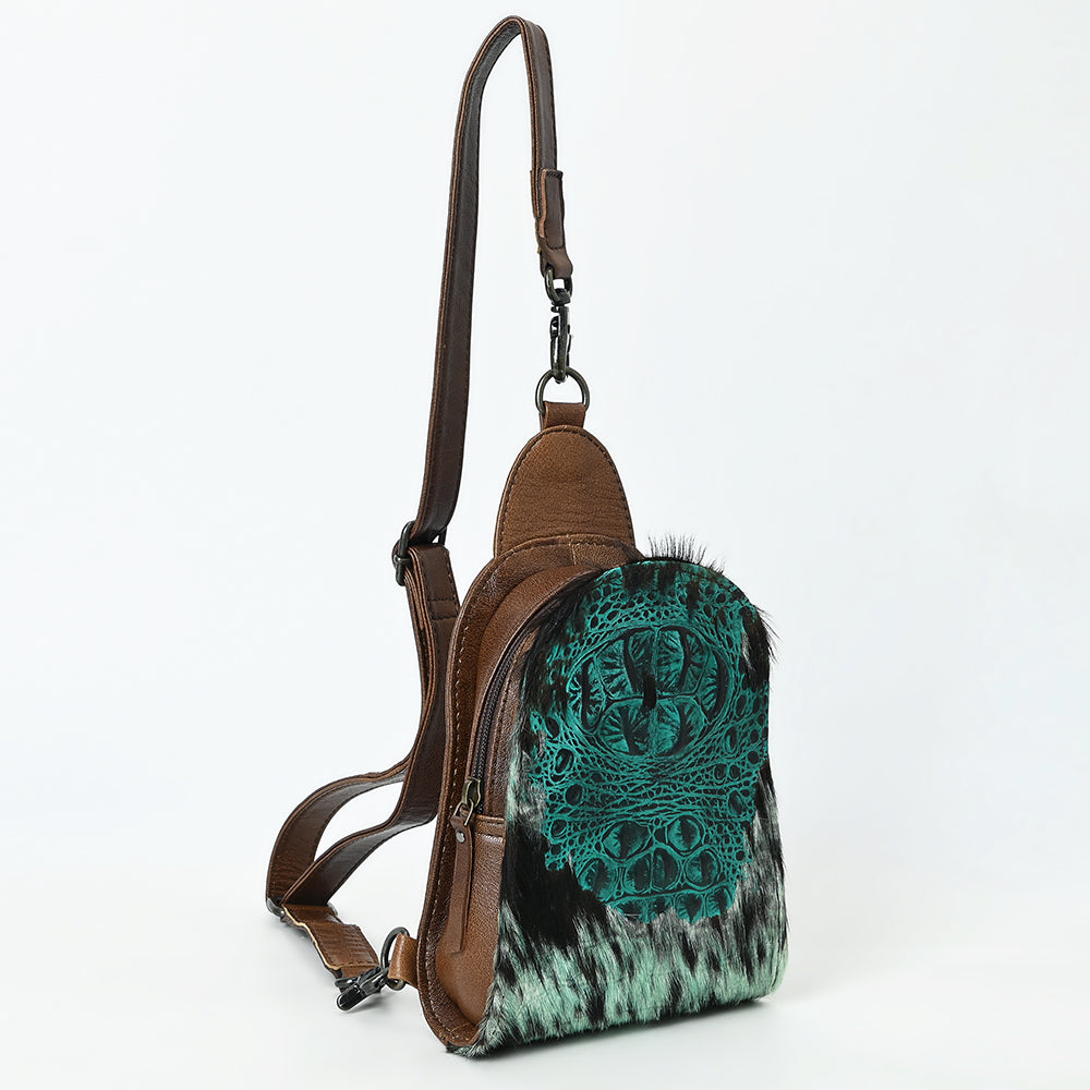 ADBG1544 American Darling Western Leather Sling Bag Hair-On Cowhide Crocodile Embossed Detailing
