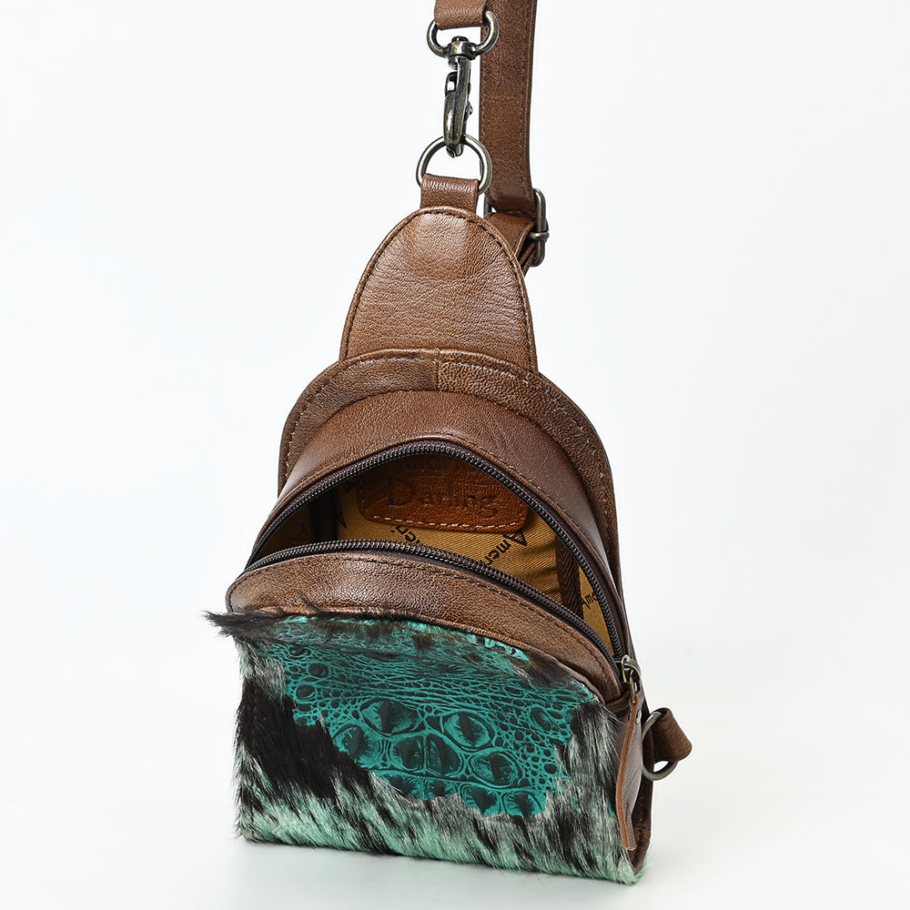 ADBG1544 American Darling Western Leather Sling Bag Hair-On Cowhide Crocodile Embossed Detailing