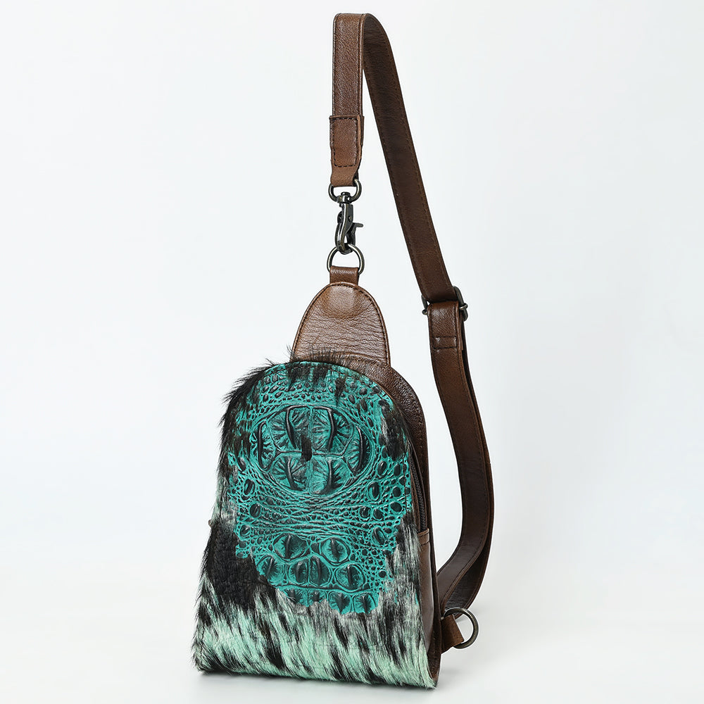 ADBG1544 American Darling Western Leather Sling Bag Hair-On Cowhide Crocodile Embossed Detailing