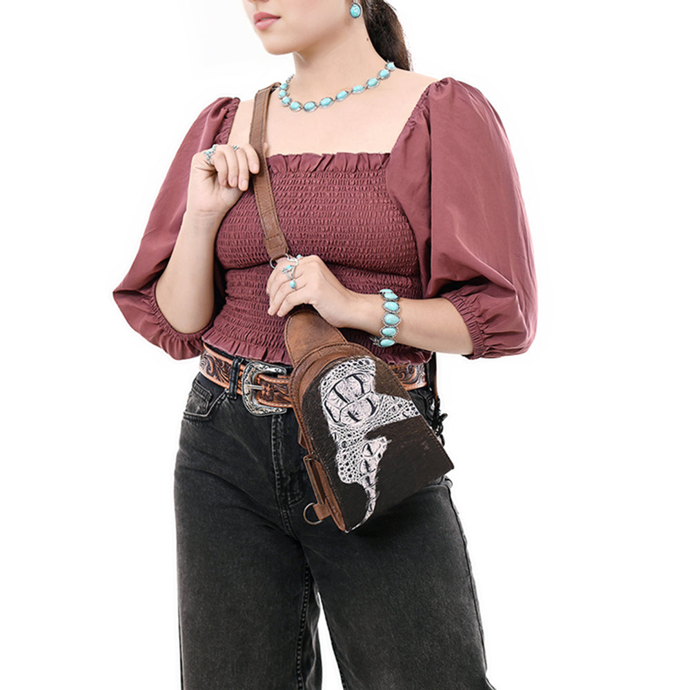 ADBG1544 American Darling Western Leather Sling Bag Hair-On Cowhide Crocodile Embossed Detailing