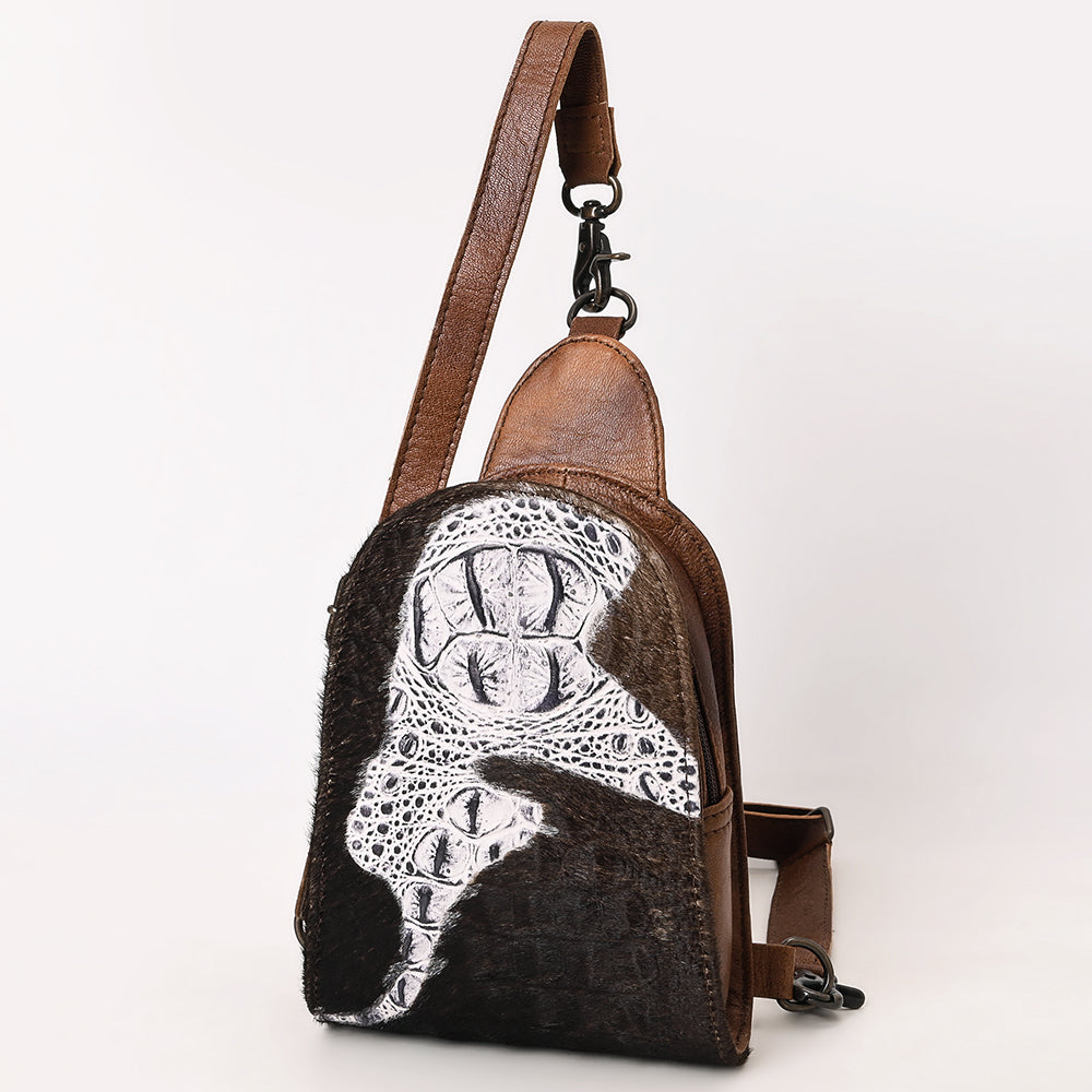 ADBG1544 American Darling Western Leather Sling Bag Hair-On Cowhide Crocodile Embossed Detailing