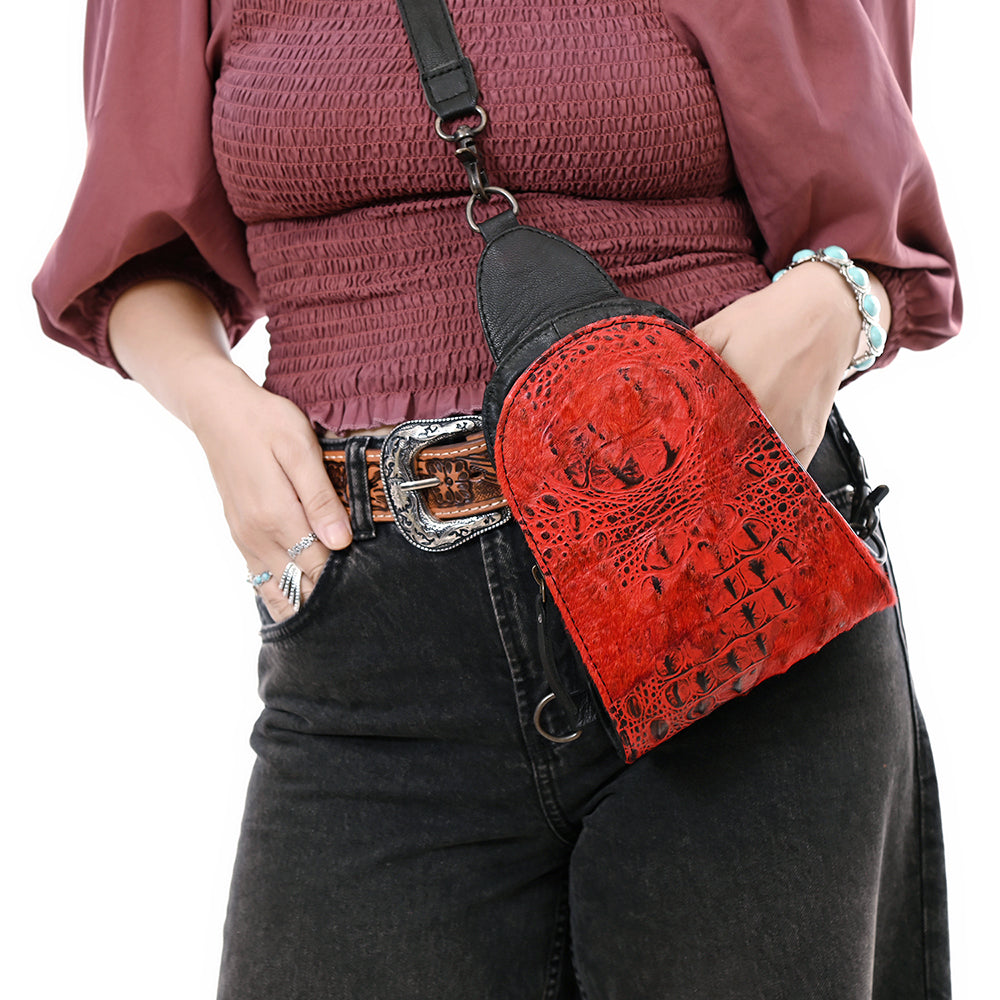 ADBG1544 American Darling Western Leather Sling Bag Hair-On Cowhide Crocodile Embossed Detailing