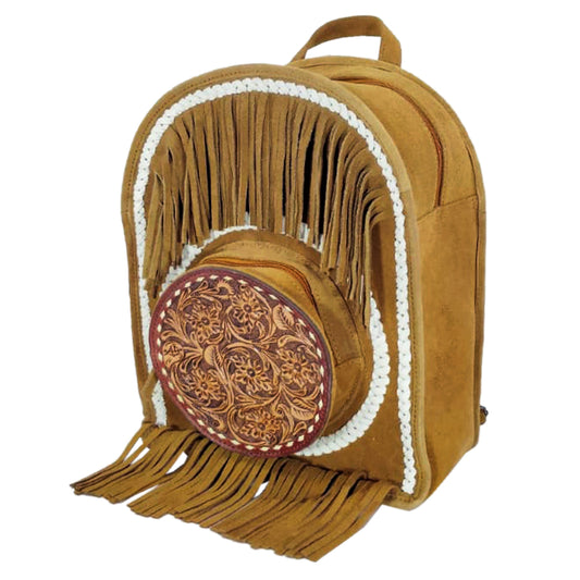 ADBG1545 American Darling Western Genuine Suede Leather Backpack Bag with Fringe & Hand-Tooled Floral Detailing