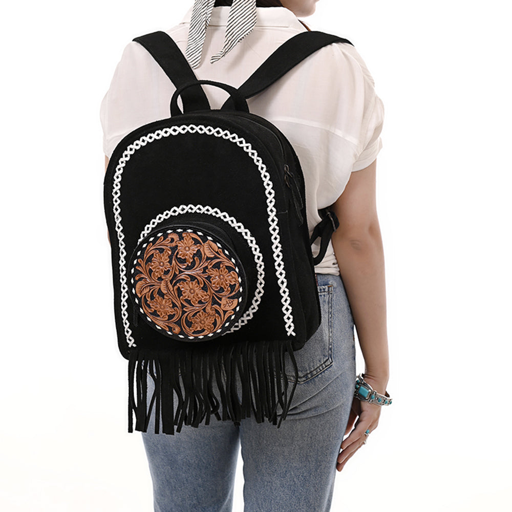 ADBG1546 American Darling Western Genuine Suede Leather Backpack Bag with Fringe & Hand-Tooled Floral Accents