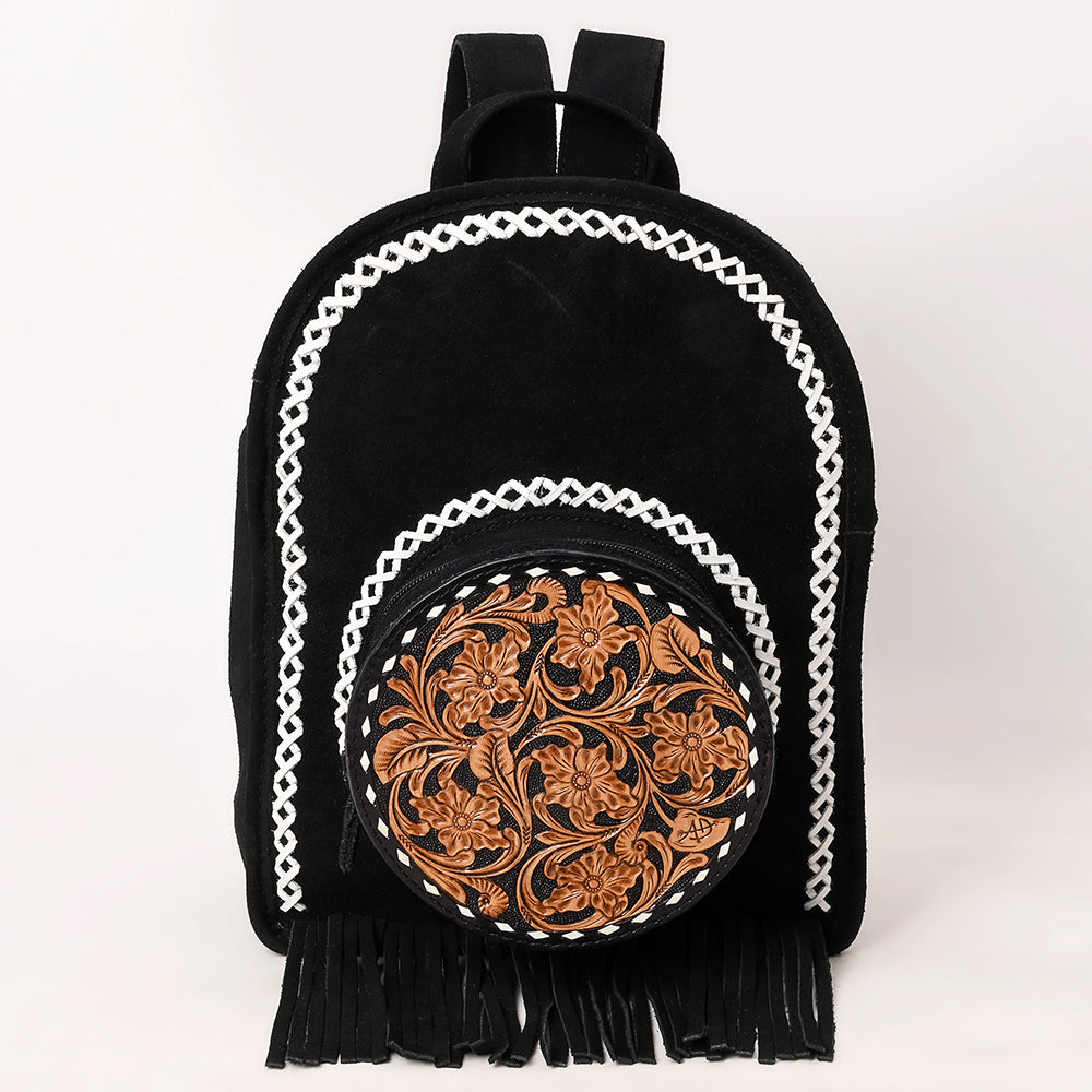 ADBG1546 American Darling Western Genuine Suede Leather Backpack Bag with Fringe & Hand-Tooled Floral Accents