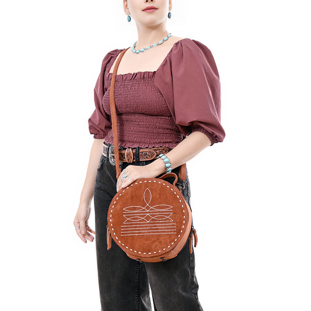 ADBG1549 American Darling Western Genuine Suede Leather Canteen Bag with Stitch Detailing - Handcrafted Round Purse