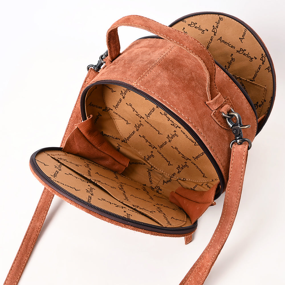 ADBG1549 American Darling Western Genuine Suede Leather Canteen Bag with Stitch Detailing - Handcrafted Round Purse