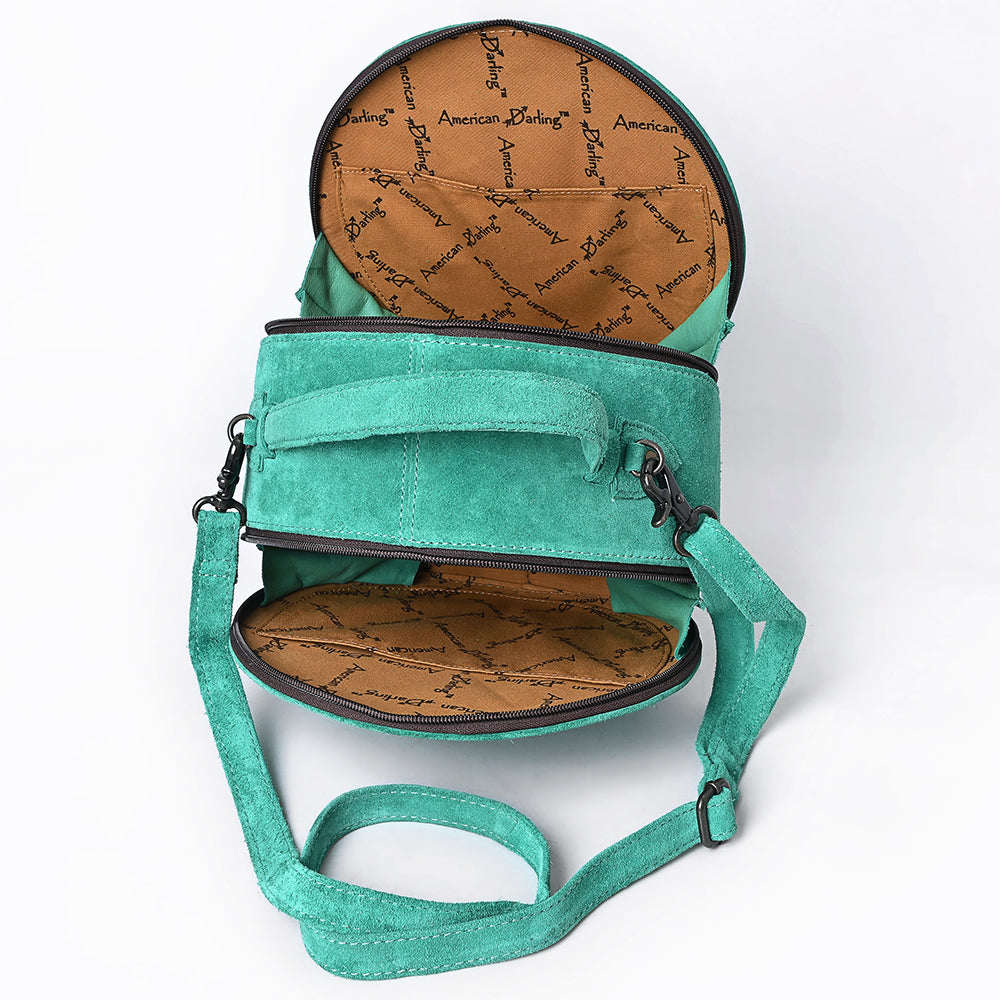 ADBG1549 American Darling Western Genuine Suede Leather Canteen Bag with Stitch Detailing - Handcrafted Round Purse