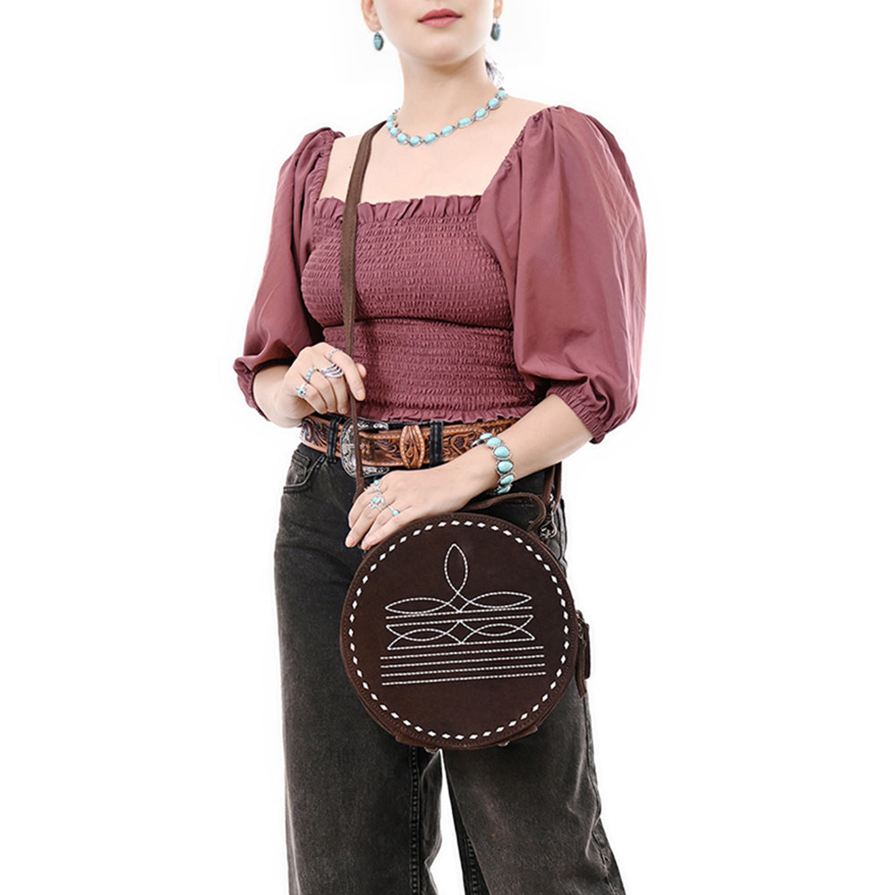 ADBG1549 American Darling Western Genuine Suede Leather Canteen Bag with Stitch Detailing - Handcrafted Round Purse