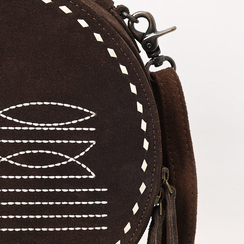 ADBG1549 American Darling Western Genuine Suede Leather Canteen Bag with Stitch Detailing - Handcrafted Round Purse
