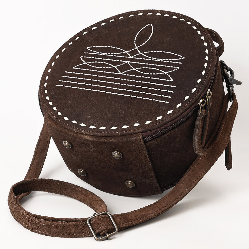 ADBG1549 American Darling Western Genuine Suede Leather Canteen Bag with Stitch Detailing - Handcrafted Round Purse