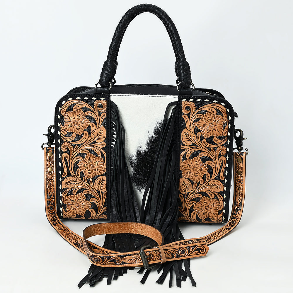 ADBG1551 American Darling Western Leather Tote Bag with Hair-On Cowhide & Hand-Tooled Floral Panels