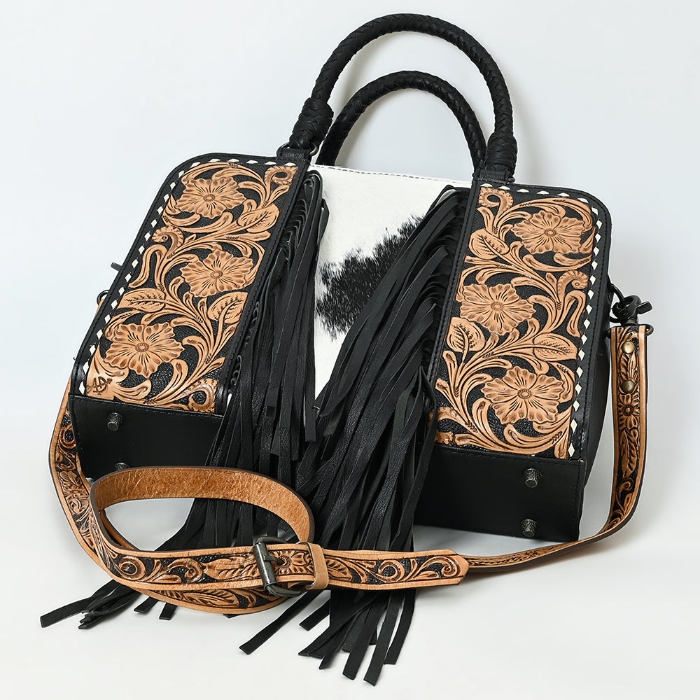 ADBG1551 American Darling Western Leather Tote Bag with Hair-On Cowhide & Hand-Tooled Floral Panels