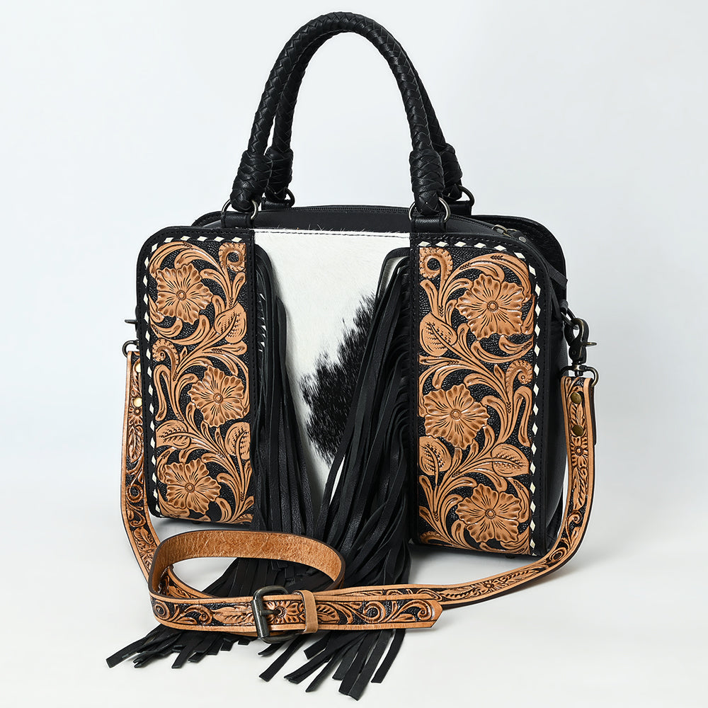 ADBG1551 American Darling Western Leather Tote Bag with Hair-On Cowhide & Hand-Tooled Floral Panels