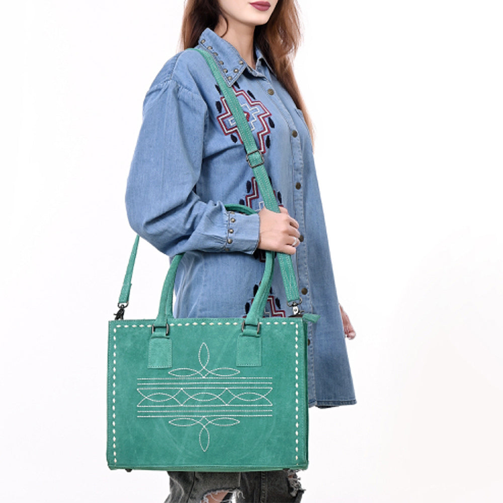 ADBG1553 American Darling Western Genuine Suede Leather Tote Bag with Buck Stitching - Handcrafted Everyday Tote