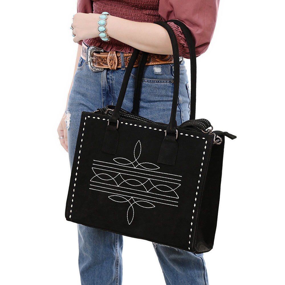 ADBG1553 American Darling Western Genuine Suede Leather Tote Bag with Buck Stitching - Handcrafted Everyday Tote