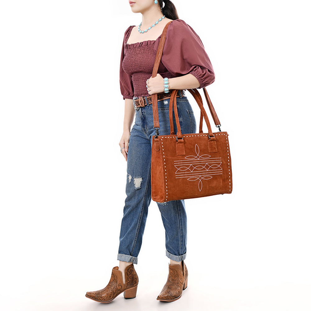 ADBG1553 American Darling Western Genuine Suede Leather Tote Bag with Buck Stitching - Handcrafted Everyday Tote
